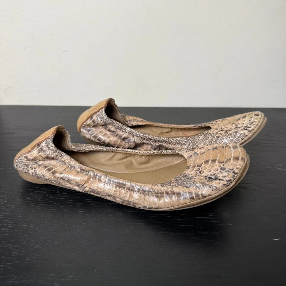 Tory Burch Reva Snakeskin Embossed Leather Ballet Flats Tan Brown Women Size 6.5